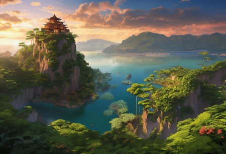 ( dramatic photo), extreme-detailed, detailed pixel-art style , illuminated field, (super detailed) , masterpiece, 8k, (masterpiece), <lora:detailed_notrigger:1>, film, Ultra High Resolution,  (highly detailed), Imagine a colossal island, suspended effortlessly in the sky, with majestic waterfalls cascading from its lush, verdant cliffs and disappearing into the clouds below. Ancient trees with sprawling branches reach upwards towards an eternal sunset, their leaves shimmering in hues of gold and emerald.
The atmosphere is filled with ethereal creatures, like iridescent birds and translucent dragons, gracefully gliding through the air. Mystic plants and flowers, glowing with an otherworldly luminescence, adorn the landscape. 
A deep chasm divides the island, with a rickety rope bridge stretching across, swaying gently in the soft, warm breeze. The bridge connects two realms of the island: one side is bathed in eternal daylight, vibrant and flourishing with life, while the other is cloaked in perpetual twilight, mysterious and serene, with twinkling stars casting a gentle glow.
At the heart of the island lies a sacred, ancient temple, surrounded by a serene lake with waters so clear that the shimmering fish swimming beneath appear to be floating in mid-air. This mystical island, with its dramatic contrasts and enchanting beauty, exudes a sense of wonder, awe, and timeless magic.