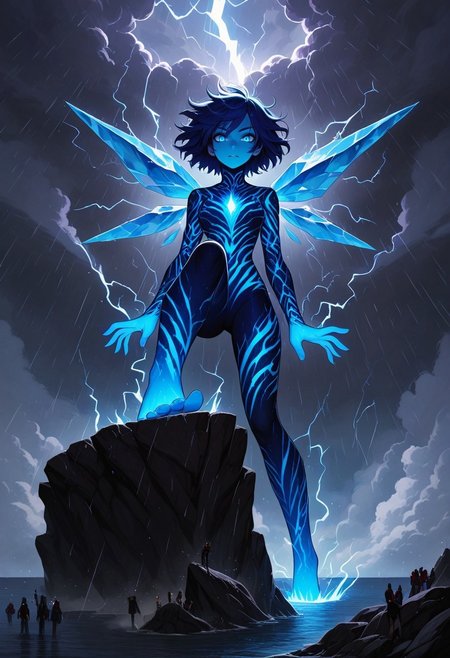 masterpiece, absurdres, best quality, very aesthetic, very awa, p0nyd1sney1ncasev1x0n2:1.5, 1girl, 25 years old, perfect face, 
blue skin, blue eyes,
glowing tattoo, ice wings, crystal wings, 
blue hair, short hair,  messy hair, floating hair,
ocean, day, energy, magic, clouds, glowing,  lightning, steam, rain, storm, electrokinesis,
cliff, rock, leg up, toes, 
giantess, foreshortening, (crowd:1.2),
looking at viewer, 