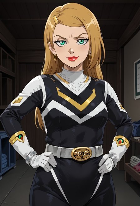 score_9, score_8_up, score_7_up, BREAK,
1girl, solo,  Sarah, green eyes, blonde hair, long hair, hairclip, earrings, lipstick, muscular, medium breasts, narrow waist, wide hips, sentaisaintforce, black bodysuit, silver belt, white gloves, spandex,  m-shaped chest symbol, helmet removed, no headwear,BREAK,
cowboy shot, smug, half-closed eyes, standing, hand on hip, indoors, garage, night,
