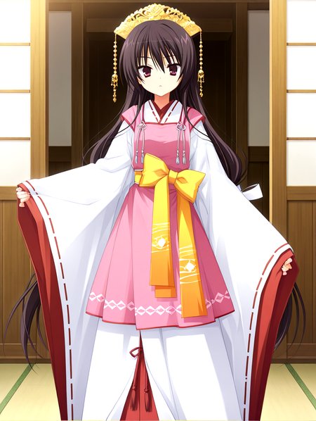 masterpiece,best quality,newest,absurdres,highres,detailed eyes,beautiful,detailed background,solo,perfect eyes,anime coloring,full_shot,anime screencap,
nsfw,explicit,<lora:add-detail-xl:1>,<lora:ponyv4_noob1_2_adamW-000017:0.8>,wear clothes,
1girl,
looking at viewer,standing,
<lora:il-unohana-sakuya-KAMI:1>,il-unohana-sakuya,1girl,ukami outfit,solo,very long hair,wearing a pure white furisode kimono with long flowing sleeves and a floor-length hem,layered with red and pink fabrics,a  pink upper long apron integrated into the outfit,shrine maiden ceremonial outfit,golden headdress,yellow bow on waist,elegant white gown with a trailing hem,a ceremonial deep red pleated inner garment trailing beneath the outer white kimono,