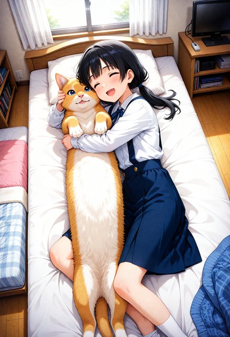 masterpiece, best quality, high quality, highres, absurdres, insanely detailed, amazing quality, very aesthetic, newest,  Anime screencap, zPDXL3, sfw,
<lora:Hyper-SDXL-8steps-lora:1>, <lora:StS-Illustrious-Detail-Slider-v1.0:3>, <lora:illustriousXL_stabilizer_v1.7:0.8>,
1girl, black hair, bangs, Straight bangs, blunt bangs, hime cut, long hair, straight hair, low twintails, long pigtails, hair tie,
dress, blue dress, white blouse, neck ribbon, bule ribbon, suspenders, suspender skirt, white socks,
indoor, Messy bedroom, messy room, bed, monitor, table, bookshelf, window, curtain, carpet, desk, chair, wooden floor, illumination,
on bed, lying, hug, happy, joy, on side,
<lora:concept_longcat_Illustrious_V2L:1> longcat \(meme\),