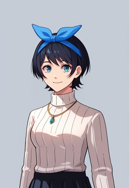 score_9, score_7_up, source_anime, zeroazureportraits, simple background, white background, upper body, solo, 1girl, sarashina ruka, smile, closed mouth, looking at viewer, standing, blue hairband, white sweater, ribbed sweater, turtleneck sweater, long sleeves, black skirt, pleated skirt, necklace <lora:zs_ZeroAzurePortraitsXL:1> <lora:rentagirlfriend_sarashina_ponyXL:1>