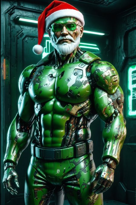 (cyberpunk background:1.4),cyborg santa claus wearing green clothing and green hat,  night, (upperbody:1.3) <lora:ral-camo:0.8> ral-camo <lora:just_another_Cyborg_LoRa_SDXL:0.7> (c1bo:1.2), (masterpiece:1.2), best quality, (hyperdetailed, highest detailed:1.2), high resolution textures