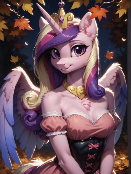 score_9, score_8_up, score_7_up, score_6_up,  (realistic illustration:0.8), 1 girl, solo, (Princess Cadance:1.2) \(mlp\), (anthro pony:1.1), tail, medium breast, wings,
(portrait:1.2), victortian corset, detailed pink dress, autumn, leaffall,
outside, cute, (night:1.3), <lora:Anime Summer Days 2 Style SDXL_LoRA_Pony Diffusion V6 XL:0.5> <lora:Realistic000003_1_2.5DAnime_0.05_Merge1:0.5>  <lora:MegaFluffyPony:0.5> MegaFluffyPony, furry, fluffy