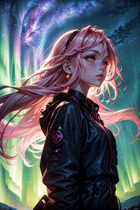 1girl,pink hair,long hair,yellow eyes,beautiful face,beautiful lips,perfect lips,pink libs,freckles,face,head,from side,looking at sky,stars,night,Aurora borealis,outdoors,closeup,masterpiece,extremely detailed CG unity 8k wallpaper, best quality,32k,focus sharp, <lora:add_detail:1>, <lora:Light and Shadow:0.8>