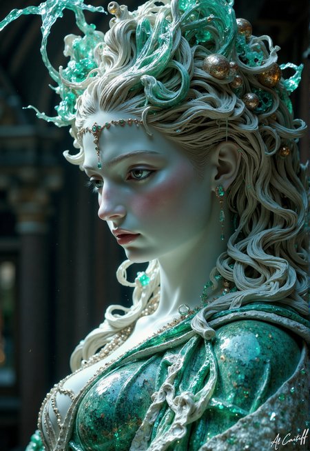 The 35mm fisheye lens contorts the world into reverent submission, bending the very air around the statueâs luminous formâits polished marble and crystal flesh gleaming under the sun light. Her emerald eyes burn with ancient knowing, their depths alive with secrets, her face whispers of forgotten royalty. The crystal robe drapes her upper body in frozen motion, each fold a masterpiece of light and shadow. The deep f/8 depth of field renders every intricate detail with sacred precisionâthe faint breeze teasing her hair the only hint that time hasnât stopped entirely in her presence. This is no mere statue, but a silent sovereign of the unseen, her enigmatic gaze piercing the darkness, demanding reverence from the void.<lora:CustomFlux/MysticFantasy.safetensors:0.5000000000000001:0.5000000000000001> <lora:CustomFlux/MysticRealism.safetensors:0.7500000000000001:0.7500000000000001>