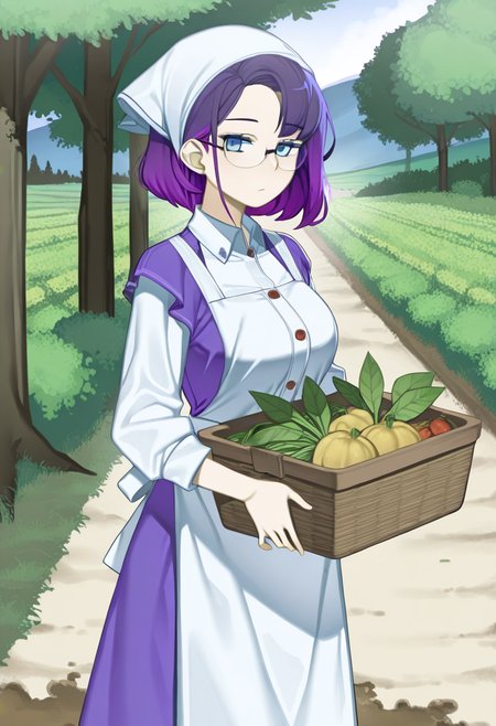 1girl, solo, keiryuu seo, purple hair, blue eyes, detailed eyes, gradient eyes, looking at viewer, glasses, 
apron dress over collared blouse, decorative buttons, headscarf tied at back, cowboy shot, harvesting vegetables into basket, rustic farm garden, sunbeams through tree leaves, dirt path, peaceful countryside background,
<lora:Character_Keiryuu Seo:0.7> <lora:StS-Illustrious-Detail-Slider-v1.0:1>