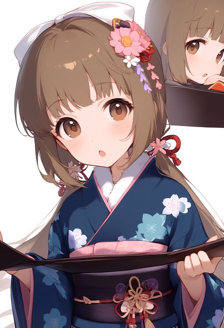 1girl,
yorita yoshino,


blush, solo, hands up, blue kimono, very long hair, bow, hair ornament, floral print, upper body, print kimono, japanese clothes, hair bow, fur collar, white flower, long hair, holding, low twintails, open mouth, wide sleeves, :o, white bow, simple background, pink flower, looking at viewer, white background, flower, twintails, long sleeves, hair flower, brown eyes, brown hair, kimono,

sfw
<lora:a31_char_new_yorita_yoshino-000016:1> <lora:a31_style_koni-000010:0.8>