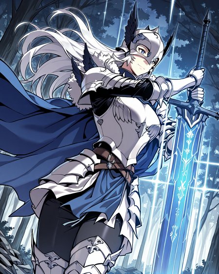 <lora:Artemis__The_Return_of_the_Disaster-Class_Hero__Illustrious:1>
1 girl, solo, blue eyes, long hair, white hair, breaid
knight, white armor, white breastplace, blue cape, white helmet, winged helhelmet, white gauntlets, fur trim, mask, shoulder armor, pauldrons, greaves, full armor, greatsword
score_9, score_8_up, score_7_up, very aesthetic, source_anime, detailed, high quality, beautiful, masterpiece, detailed eyes, forest, tree, ruins, cowboy shot, dynamic angle, upper body, light smile, dynamic pose