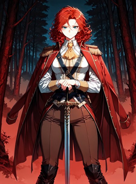 <lora:Alicia_Termina_Magentano__The_Greatest_Estate_Designer:1>
1 girl, solo, red hair, blue eyes, medium hair, curly hair, 
red jacket, jacket on shoulders, yellow ascot, epaulettes, high colar, brown pants, white shirt, long sleeves, black boots, knee boots
masterpiece, best quality,high quality, newest, highres,8K,HDR,absurdres, score_9, score_8_up, score_7_up, very aesthetic, source_anime, detailed, high quality, beautiful, masterpiece, detailed eyes, hands on hilt, looking at viewer, cowboy shot, legs apart, outdoors, night,  red theme, fog,  forest <lora:iLLMythG0thicL1nes:1> , <lora:Eyes_High_Definition:1>
