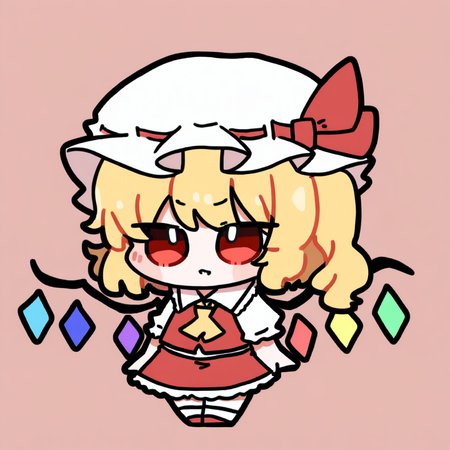 chibi,solo,1girl,flandre scarlet,touhou,blonde hair,wings,red eyes,hat,ribbon,mob cap,short hair,side ponytail,hat ribbon,one side up,white headwear,bow,bangs
<lora:Oldstore_noob_4:1>,