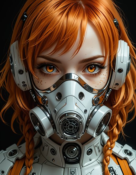 Hyper detailed style, close-up portrait of the eyes of a girl with a futuristic white and chrome gas mask, hyper detailed eyes, cyberpunk style, messy orange hair, long bangs, skin texture, geometric tattoos, wide orange and white jumpsuit, ocher tones, very high contrast, side lighting, hard shadows, dark background, hyperrealistic art, (John Barkey, Katsuya Terada, Anna Dittmann), photographic quality, maximum detail, 4K