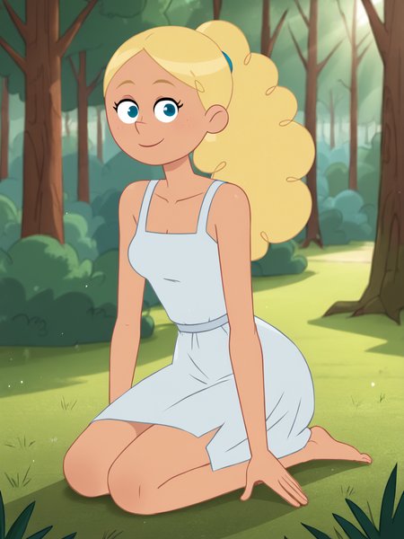 score_9, score_8_up, score_7_up,  score_6_up, BREAK, P13rr3tt3, 1girl, solo, long hair, blue eyes, blonde hair, ponytail, white dress, outdoors, tree, sitting on the ground, depth of field, blurry background, sunlight, nature, light particles, forest, smile, looking at viewer  <lora:Pierrette-000009:0.9>