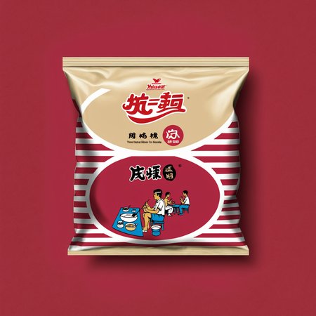 rozamanbag,text,A bag of instant noodles placed on a red table. The packaging of the noodles is clearly visible, showcasing the brand and flavor. The red table provides a striking contrast, emphasizing the subject. The scene should be as realistic as a high-resolution photograph, with natural and even lighting that highlights the details of the bag and the texture of the table, <lora:rozaman2:0.7>