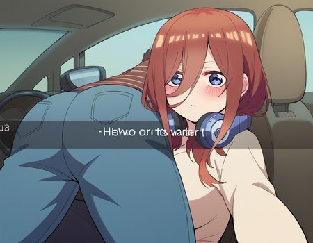 score_9, score_8_up, score_7_up, source_anime, <lora:miku-nakano-s2-ponyxl-lora-nochekaiser:1>, miku nakano, long hair, bangs, brown hair, headphones, headphones around neck, large breasts,, <lora:he-wants-to-order-ponyxl-lora-nochekaiser:1> he wants to order, he wants to order (meme), drive-thru, snapchat, side-view mirror, car interior, car seat, steering wheel, car interior, three quarter view, lying on person, selfie, 1boy, ass, pants,, blush,,