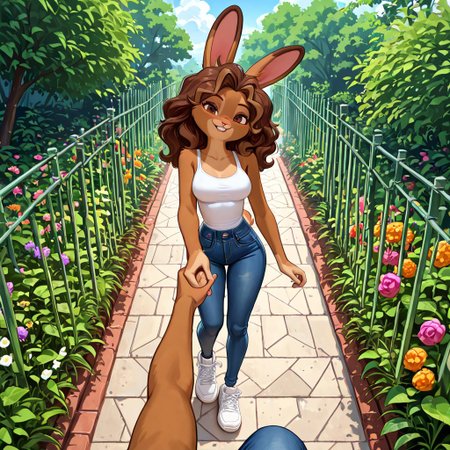 masterpiece, best quality, newest, absurdres, highres, furry, perfect anatomy, Br1anna,1girl,solo,furry,furry female,rabbit girl,brown hair,long hair,rabbit ears,brown eyes,animal nose,buck teeth,body fur,brown fur,rabbit tail, tall woman, white tank top, blue pants, skinny jeans, denim jeans, white shoes, white sneakers, garden, flowers, greenery, scenery, sunny day, holding hand, pov, hand holding, looking at viewer, happy,