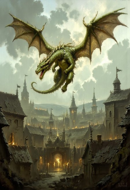 Dark-Fantasy-Cardd-V.2.0 style dark fantasy oil painting with detailed eyes that featuresa majestictic,  green dragon flying above the medieval city