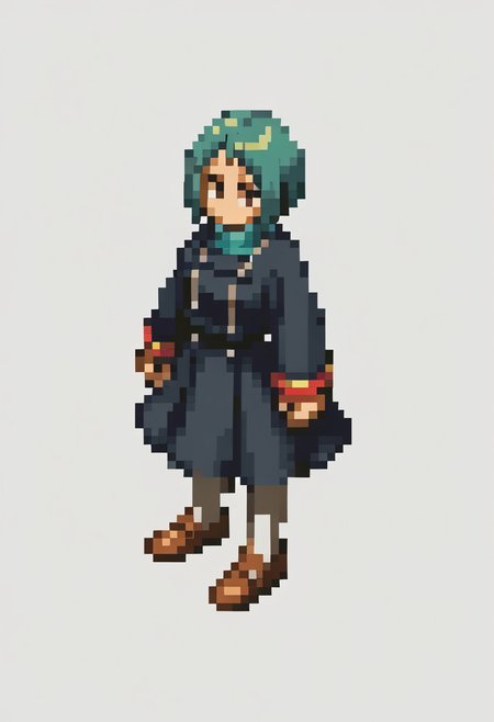 score_9, score_8_up, score_7_up, source_anime BREAK, 1girl, white background, plain background
<lora:FFT-SpritesV2-pdxl_Fp:1> looking at viewer, from side, full body, standing, solid oval eyes, no mouth, no nose, pixel art,
 <lora:zs_FuukaXL:1> fuukadef, aqua hair, short hair, grey eyes, school uniform, green turtleneck, skirt, white pantyhose, gekkoukan high school uniform,