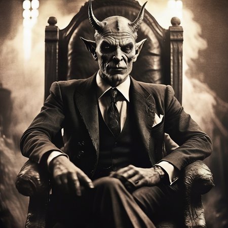 eldoria very expressive professional portrait of a male devil sitting on a hell throne, detailed, in a suit, ruins and smoke in the background, professional light, dark atmosphere, very realistic detail, cinematic<lora:eldoria:1>