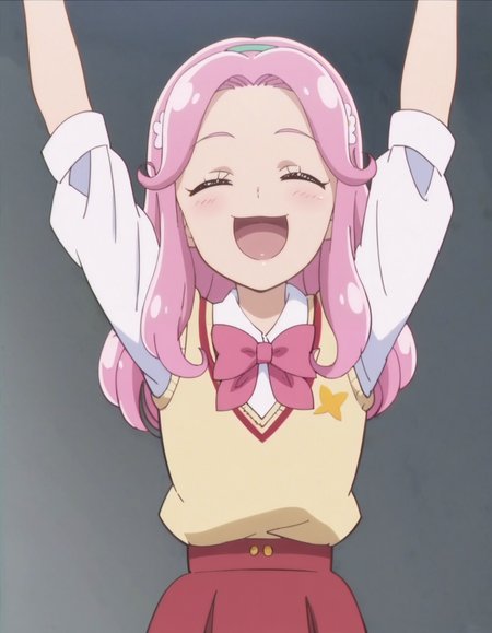 score_9, score_8_up, score_7_up, anime screencap, solo,1girl,hanamikotoha, closed eyes,pink hair,school uniform,pink  bow,red skirt, hairband, sweater vest,arms up,open mouth,cowboy shot,smile,blush,looking at viewer,small breasts,<lora:hanamikotoha:0.8>