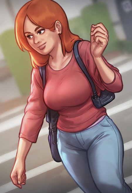 score_9, score_8_up, score_7_up, 1girl, mature_female, large_breasts, portrait, solo, Walking with one hand in the pocket, dutch_angle, (Orange-red Hanbok), Ginger hair, wide_shot, rating_safe, <lora:pony\artist_styles\darkcookie_pony:1.0>