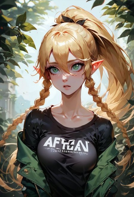 (masterpiece, best quality), 1girl, collarbone, {leafa, green eyes, blonde hair, ponytail, long hair, hair between eyes, bangs, twin braids, pointy ears,((black lather jacket,black latex t-shirt))
score_9, score_8_up, score_8_up, layering, 1girl,  exposed, large soft breast, slender body, ultra detailed,(g0thicPXL:0.3), <lora:g0th1cPXL:0.3>, cover,  exaggerated proportions, long hairs , blond hair, medium breasts ,large elastic buttocks, round bubble ass,  (ultra wide angle shot:0.65), shallow depth of field, smooth skin texture, alluring curves, tasteful sensuality, softcore, Expressiveh