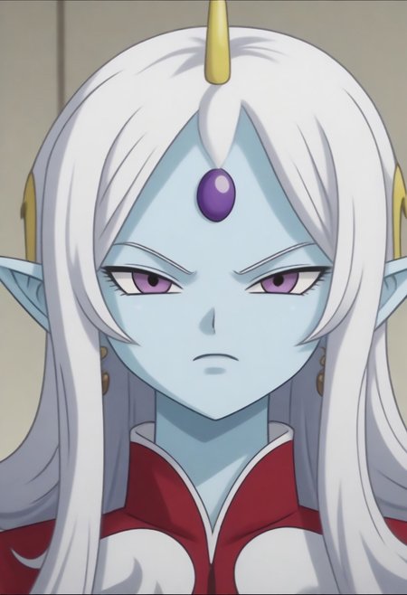 Masterpiece, Top Quality, source_anime, anime screencap, source_anime, auratheguillotine, anime screencap, masterpiece, source_anime, shiny skin,,,,towa(dragon ball), pointy ears, colored skin, blue skin, long hair, purple eyes,white hair, hair ornament, jewelry,