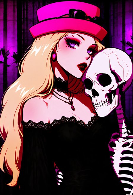 (masterpiece, best quality, good quality, very aesthetic, absurdres),    1girl, solo, eyelashes, (beautiful eyes),   zzSerena, solo, long hair, blue eyes, eyewear on headwear, pink headwear, eyelashes, dress, holding, cleavage, jewelry, purple eyes, collarbone, upper body, flower, earrings, parted lips, choker, off shoulder, black dress, wavy hair, black choker, lipstick, lace trim, skull, purple flower, off-shoulder dress, red lips, long hair, looking at viewer, blue eyes, blonde hair, bare shoulders, purple eyes, upper body, parted lips, off shoulder, black dress, black choker, off-shoulder dress, red lips, skeleton, (holding skull, red lips, kissing),<lora:GothRetroNAI:1.0>, <lora:SerenaPokemon_NAI:1.0>,
