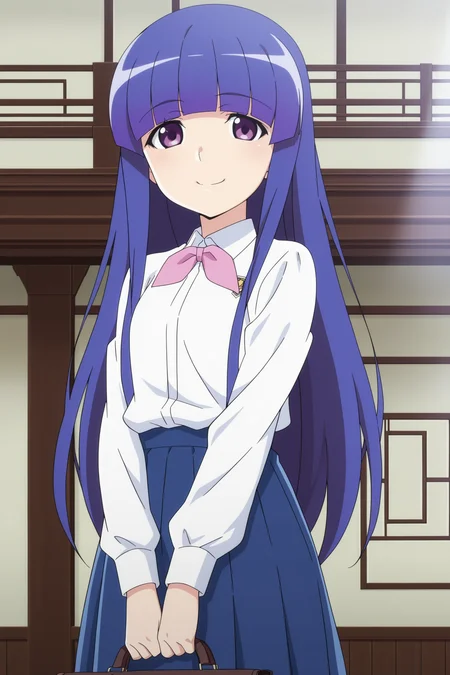 anime screencap, anime coloring, detailed face, masterpiece, best quality, very aesthetic, absurdres, volumetric lighting, official style, amazing quality, ultra detailed, highres, amazing quality, scenery, beautiful detailed hair, beautiful detailed eyes, 
<lora:Rika_Furude_teenage_appearance_Higurashi_When_They_Cry_-_Gou_and_Sotsu:.8>
Rika St. Lucia uniform, 1girl, long hair, furude rika, solo, skirt, shirt, white shirt, blue hair, blunt bangs, long sleeves, purple eyes, blue skirt, holding bag, standing, looking at the viewer, smile, cowboy shot