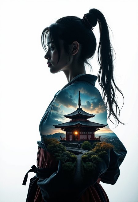masterpiece, double exposure, silhouette of a stunning Japanese woman in traditional japanese armour, filled with a shinto temple, highest definition, HD32K, wallpaper, crisp lines, double exposure background, hyperdetailed, concept art