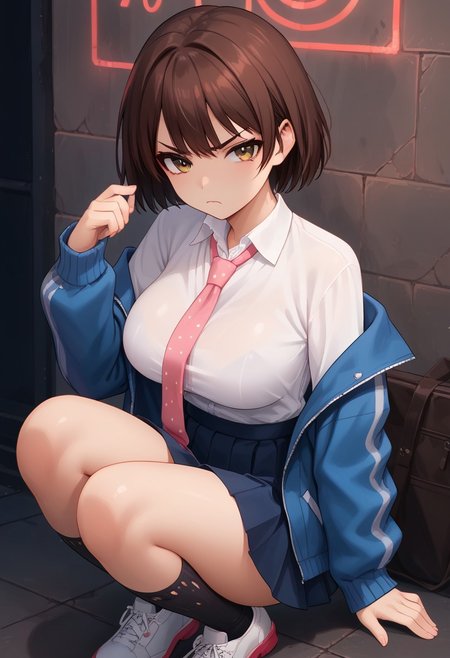 score_9, score_8_up, score_8_up, Expressiveh, godrays, g0thicPXL, glowing, neon, tight detailed clothing, large breasts, pinup pose, seductive pose, dynamic pose,  grumpy, 1girl, hinase hotaru, (/A Condition Called Love)/, (ultra HD quality details), dark brown hair, short hair, (brown eyes), shirt, collared shirt, white shirt, jacket, blue jacket, skirt, gray, skirt, pleated skirt, red necktie with white polka dot, sweater, pink sweater, socks, navy socks, white sneakers