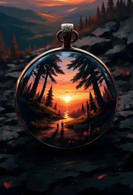 cinna flow, A magical realism scene of a forest at sunrise. The trees are floating in the air and the animals are walking through the forest. The lighting is soft and warm, casting long shadows on the intricate details of the scene. All contained in a pendant within the jewel encased. The pendant lays on a nightstand, with the scene encased inside the jewel.