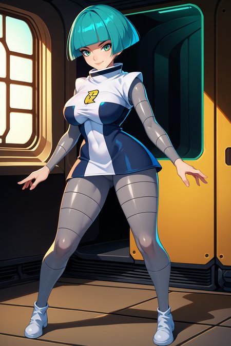 score_9, score_8_up, score_7_up, score_6_up, source_anime, 1girl, solo <lora:pkmntgg-pdxl-nvwls-v1-000005:1> pmtgg, cyan hair, short hair, blunt bangs, green eyes, black and white dress, two-tone dress, grey bodysuit, bodysuit under clothes, large breasts, smile, curvy, looking at you, full body, indoors, science fiction