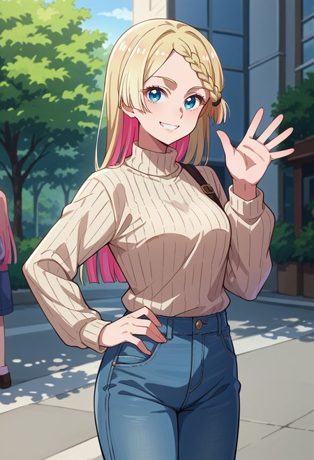 score_9, score_8_up, source_anime, 1girl, solo, SeiraKurusu, blue eyes, colored inner hair, blonde hair, pink hair, long hair, braid, outdoors, sweater, ribbed sweater, jeans, hand on hip, waving at viewer, smile, <lora:ChamSeiraKurusuPonyXL:1>