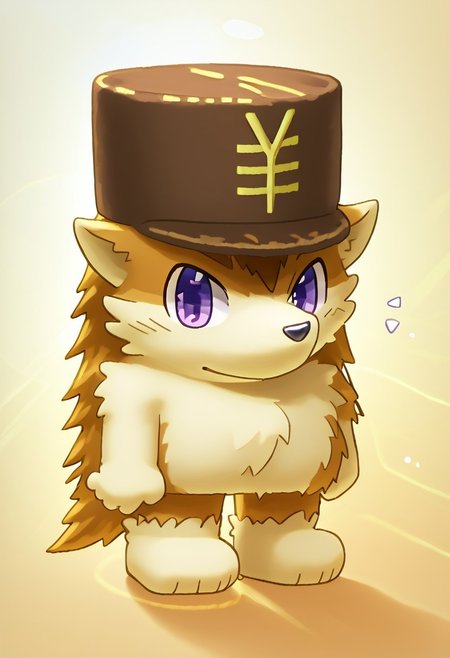 score_9, score_8_up, score_7_up, score_6_up, furry, conswayo_, cute style, cute, 2d, simple background, solo, kemono, hedgehog, hat with yen sign, male, full body, solo, male focus, hedgehog inaho, hat with japanese yen sign, purple eyes, beauty eyes, bluey style, lv1rubili, 3d, realistic, sidelighting, backlighting, depth of field, lens flare