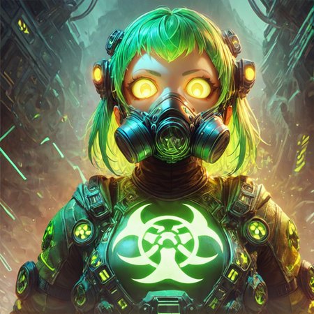 score_9, score_8_up, score_7_up,
 <lora:nuclearhazard_Pony:0.8>nuclearhazard,
girl,solo,,see-trought clothes,glowing eyes,short glowing bright green hair,front view,simetric,eye focus,gasmask on mouth