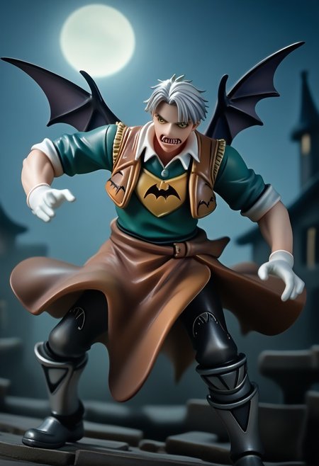 score_9, score_8_up, score_7_up, score_6_up, score_5_up, score_4_up, nbcstyle, (horror theme:1.3),  1boy, toned male, (muscular:0.7), natgra, steel greaves, brown skirt, black pants, green shirt, leather vest, silver belts, white gloves, silver hair, night, moon, dark lighting, stone bridge, (bats:2)