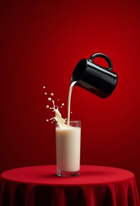 A side view of an empty, open table covered in red and black velvet fabric on a bright red textured background, In the foreground is a tall glass of fresh cream and a black ceramic jug floating in the air and pouring milk into the glass in a photorealistic style, There are splashes of milk and drops flying from the glass with moody studio light.