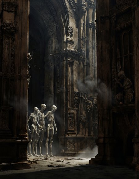 Art by Col Price & Arthur Yuan.
A dark, eerie scene from a low angle, depicting a group of skeletal figures standing in a dimly lit, ruined cathedral. the scene is set in a dark, gothic cathedral with tall, ornate stone columns and intricate carvings, casting shadows on the stone walls. the figures are standing close together, facing the viewer, with their heads turned towards the right side of the image. the atmosphere is eerie and foreboding, with a foggy, misty atmosphere surrounding them. the lighting is dim and diffused, creating a moody ambiance. the overall mood is dark and moody, with the shadows and textures blending together to create a sense of depth and dimensionality.