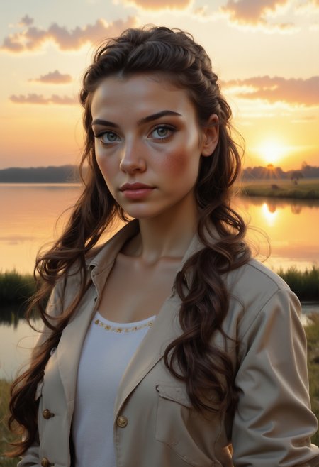 ahighly detailed, 4k, high-resolution photography featuring pretty 6 year old little girl  the background features the countryside, with the sun setting in the distance, casting a warm, golden glow over the scene, the water is calm and reflects the warm colors of the sky, enhancing the serene atmosphere, the overall mood of the photograph is one of quiet introspection and introspection, with a focus on the woman's well-defined facial features