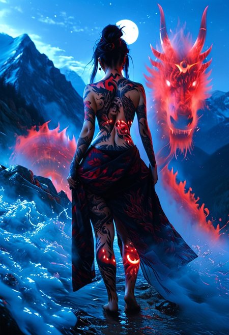 score_9, score_8_up, score_7_up. BREAK. Translucent, 8k, (ultra detailed:1.4), back view, irezumi, looking away, standing, on top of mountains, 1female, (full-body tattoo:1.9), black hair updo, hair ornaments, <lora:tatoo:1>, translucent black/red tatoo, kimono, black yukata, red sash, obi, pulled yukata, round ass, night, (red lunar eclipse moon), gigantic dragon spirit roaring in front of the female, cinematic light, very aesthetic, absurdres, incredibly absurdres, subsurface scattering