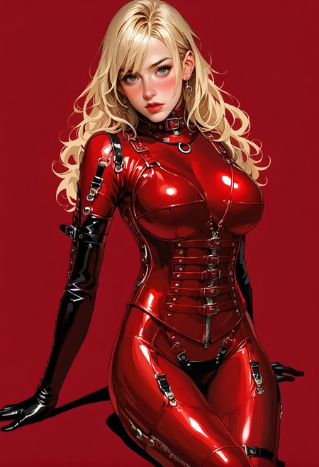 1girl,solo,red background,,ruanyi864,bdsm,elbow gloves,red bodysuit,shiny clothes,zipper,large breasts,
blonde hair,long hair,cowboy shot,
cuteg,blush,
on ground,knees together feet apart,<lora:0864 Absolute Queen_v1_pony:1>, score_9,score_8_up,score_7_up,,8k,1girl,solo,,