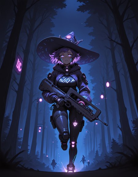 1girl,  purple hair, running, angled view, <lora:famas_ill_v1.0:1> famas, assault rifle, bullpup, holding rifle <lora:cyberwitches:0.7> cyberwitches, witch hat, black gloves, hood, night, neon lights, forest, cyber punk girl, dark background, glowing, mist, city