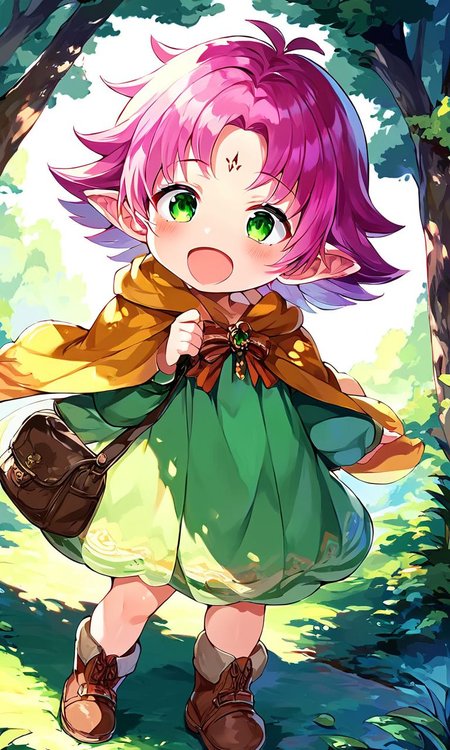 score_9, score_8_up, score_7_up, source_anime, rating_explicit, BREAK  <lora:Fae_Fuuin_no_Tsurugi_XL:1>
Fae, short hair, pink hair, green eyes,  solo, open mouth, facial mark, long sleeves, dress, full body, bag,  boots, cape, hort stack,
forest,