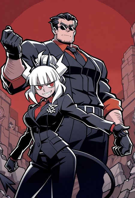 masterpiece, best quality, newest, absurdres, highres,  anime, anime style, Dynamic-Duo-Pose-IL.V1.0, Duo, Duo focus, dynamic duo, dynamic pose, pose, 1boy, helltaker \(helltaker\), sunglasses, glasses, black hair, short hair, muscular, muscular male, 1girl, lucifer \(helltaker\), black suit, red necktie, black collared shirt, black gloves, blunt bangs, demon horns, demon girl, demon tail, sharp teeth, red eyes, white hair, long hair