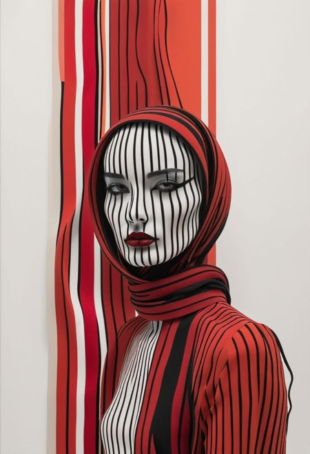 Bw-grignani, Surreal Harmony, Closeup Portrait, An Abstract surreal n Abstract surreal colorful simple painted shadow rouge warrior with a long scarf throughout the frame, red Blood Splash, made of lines, vertical lines, horizontal lines, Portrait Made of intertwining snakes, weaving over and under each other throughout the frame, emphasis effect, moire effect, awash in colorful shades, seamlessly extends the lines,