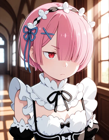 <lora:Ram Illu:1>1girl, solo,
r4m, short hair, pink hair, hair over one eye, red eyes, 
roswaal mansion maid uniform, standing, unamused, manor hallway, sunrays, windows, blurry background, 
 <lora:cfg_scale_boost:0.7>, masterpiece, best quality, amazing quality