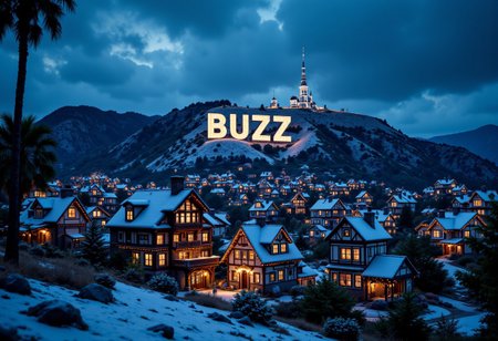 create a wide angle realistic digital paining of giant sign made of letters spelling the word "BUZZ" on a hill side reminiscent of the famous Hollywood Sign.  The scene is winter at night, warm cozy christmas lights decorate the BUZZ sign which is up on a hill side above a story book style village with all the tiny houses decorated in christmas decor.