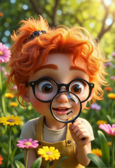 Create a whimsical scene featuring a quirky redhead wearing oversized glasses, intently looking through a giant magnifying glass at an ant. Her expression is one of fascination and curiosity, with her wild hair framing her face. Surround her with a vibrant, colorful garden filled with flowers and greenery, enhancing the playful atmosphere. The sunlight filters through the leaves, casting dappled shadows around her. Use a blend of cartoonish and realistic styles to capture the charm and wonder of this delightful moment.
<lora:aidmaMJ6.1v0.4:1> aidmaMJ6.1,   <lora:aidmaHyperrealismv0.3:1> aidmaHyperrealism, 3d fluffy, closeup cute and adorable, cute big circular reflective eyes, long fuzzy fur, Pixar render, unreal engine cinematic smooth, intricate detail, cinematic