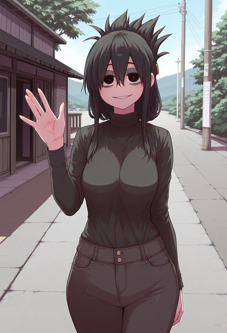 1girl,solo,mm,mature female,black hair,black eyes,long hair,bags under eyes,breasts,folded ponytail,
shirt,pants,looking at viewer, smile,waving, outdoors
,masterpiece,best quality,amazing quality,<lora:Zyugoya-karasuma-Kinjo_no_hito_no_nakimushi:0.8>